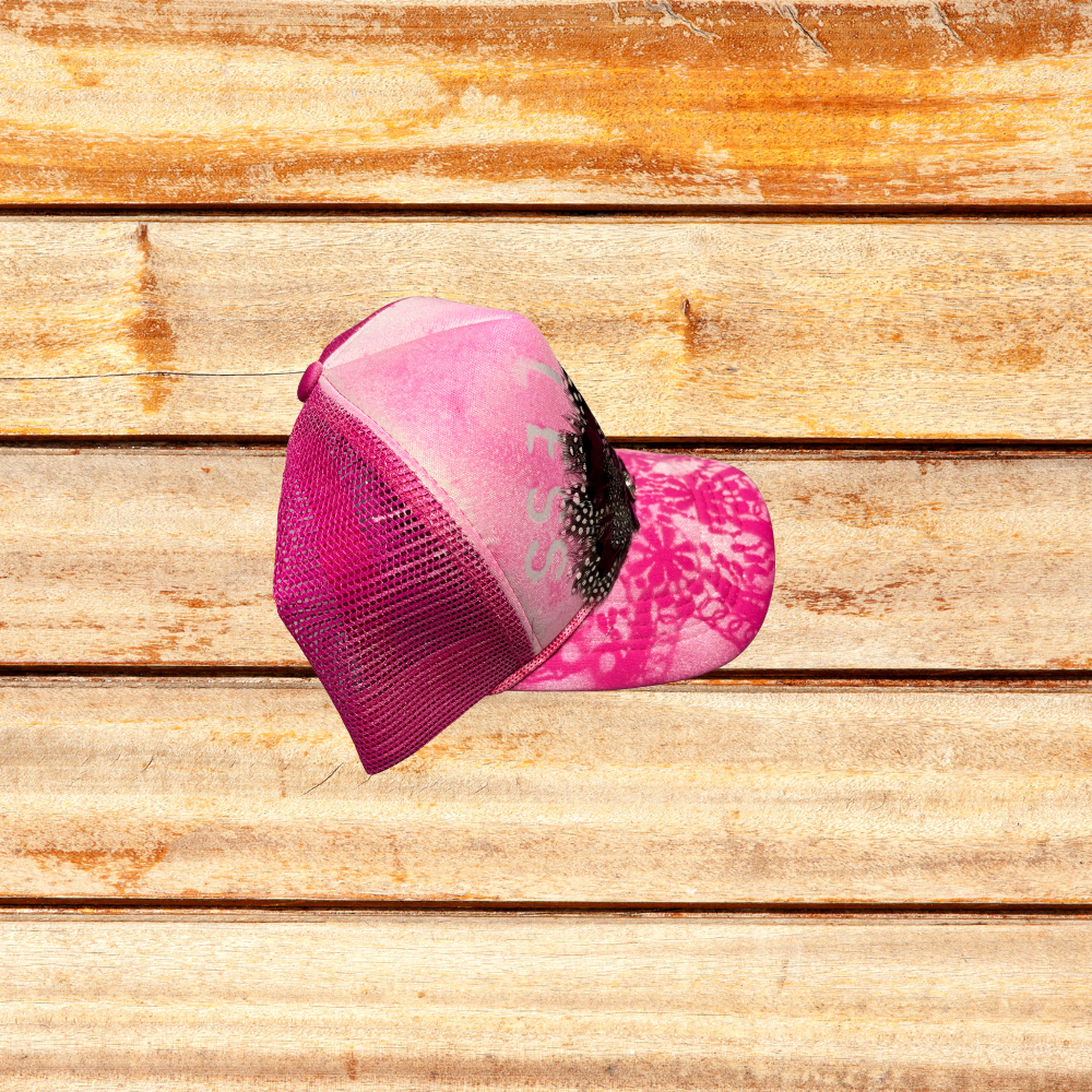 Pink and White Trucker Hat with Feathers with "Say Less"