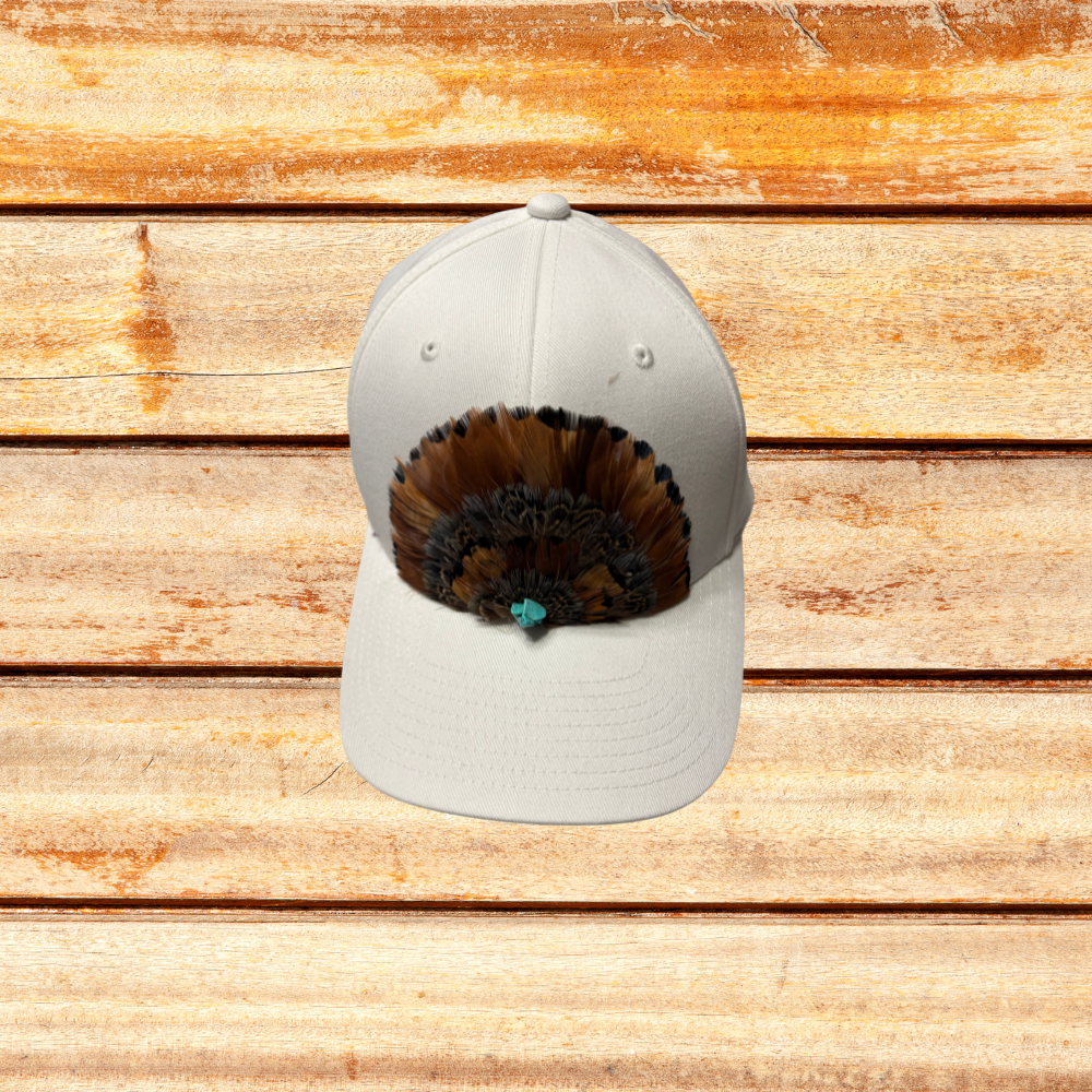 White Trucker Flex Fit Hat w Brown Feathers and Torquoise