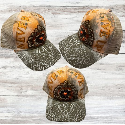 Green And Beige Trucker at with "Never Give Up" saying w feathers