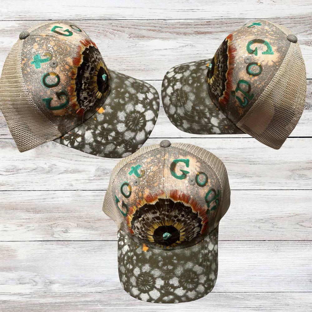 Beige and Olive Green Trucker Hat with "Got God?" saying