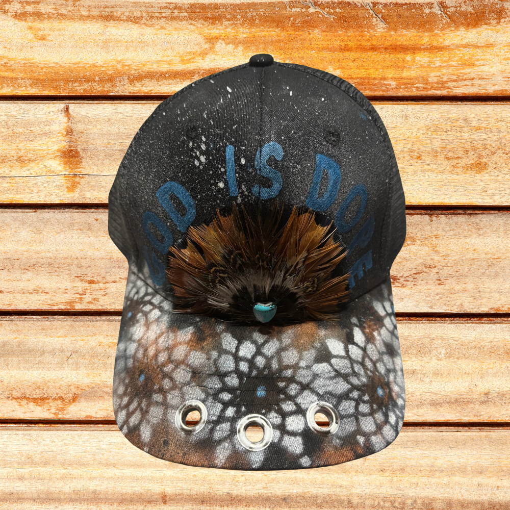 Black Hat with Feather and "God Is Dope" saying and Spray Painted flowers on bill