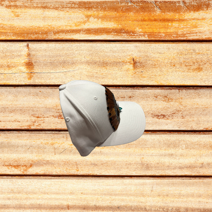 White Trucker Flex Fit Hat w Brown Feathers and Torquoise
