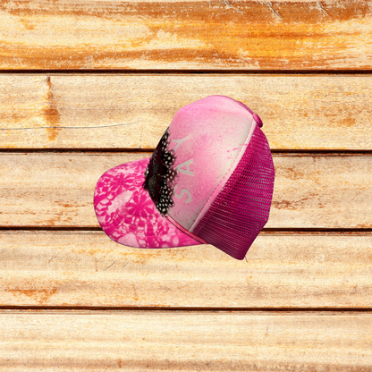 Pink and White Trucker Hat with Feathers with "Say Less"