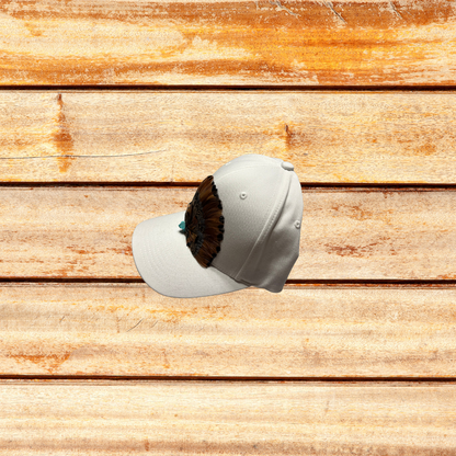 White Trucker Flex Fit Hat w Brown Feathers and Torquoise
