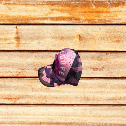 Pink and Purple Camoflouge Trucker Hat with Feathers and "God Is Dope" saying