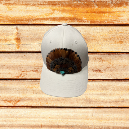 White Trucker Flex Fit Hat w Brown Feathers and Torquoise