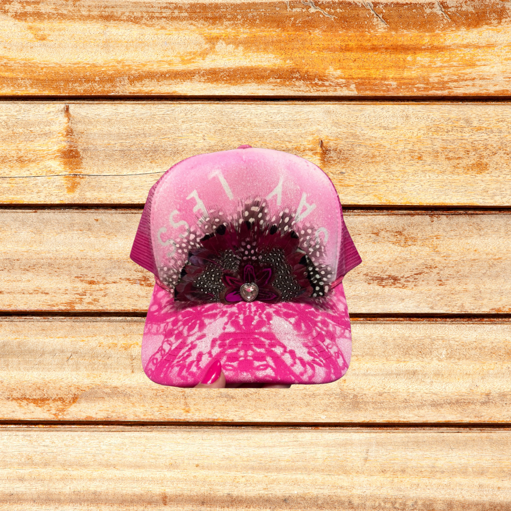 Pink and White Trucker Hat with Feathers with "Say Less"