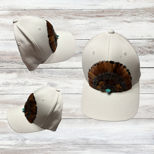 White Trucker Flex Fit Hat w Brown Feathers and Torquoise