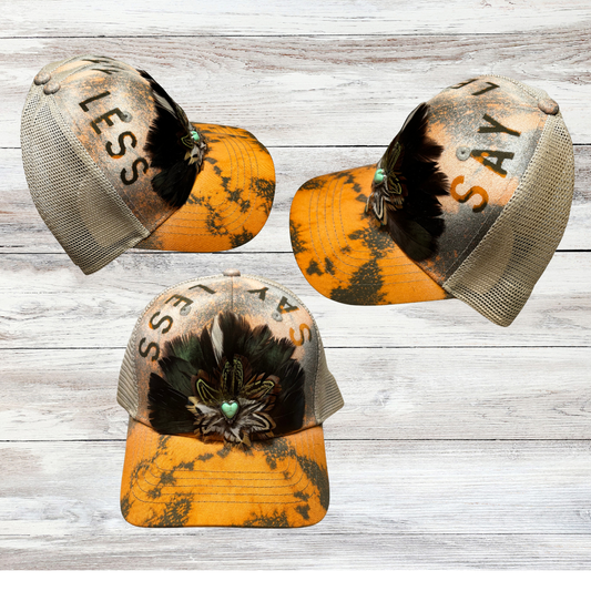 Green and Beige Hat w with Feathers (Copy)with "Say Less"