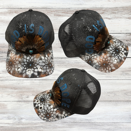 Black Hat with Feather and "God Is Dope" saying and Spray Painted flowers on bill