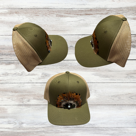 Green and Beige Hat w with Feathers