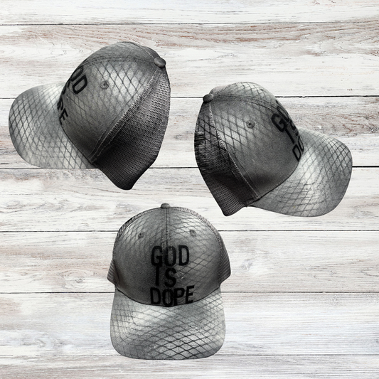 Black Hat w White sprayed Squares w "God Is Dope" saying